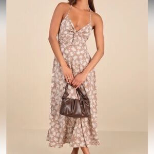 Lulu's Taupe Floral Tie-Front Spaghetti-Strap Maxi Dress